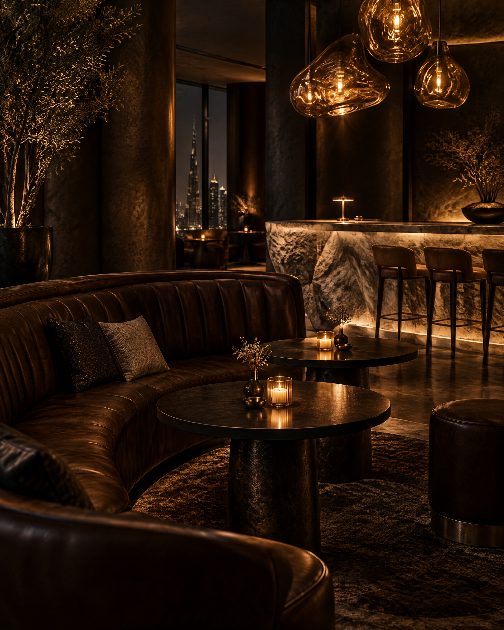 Intimate hospitality lounge with sculptural lighting