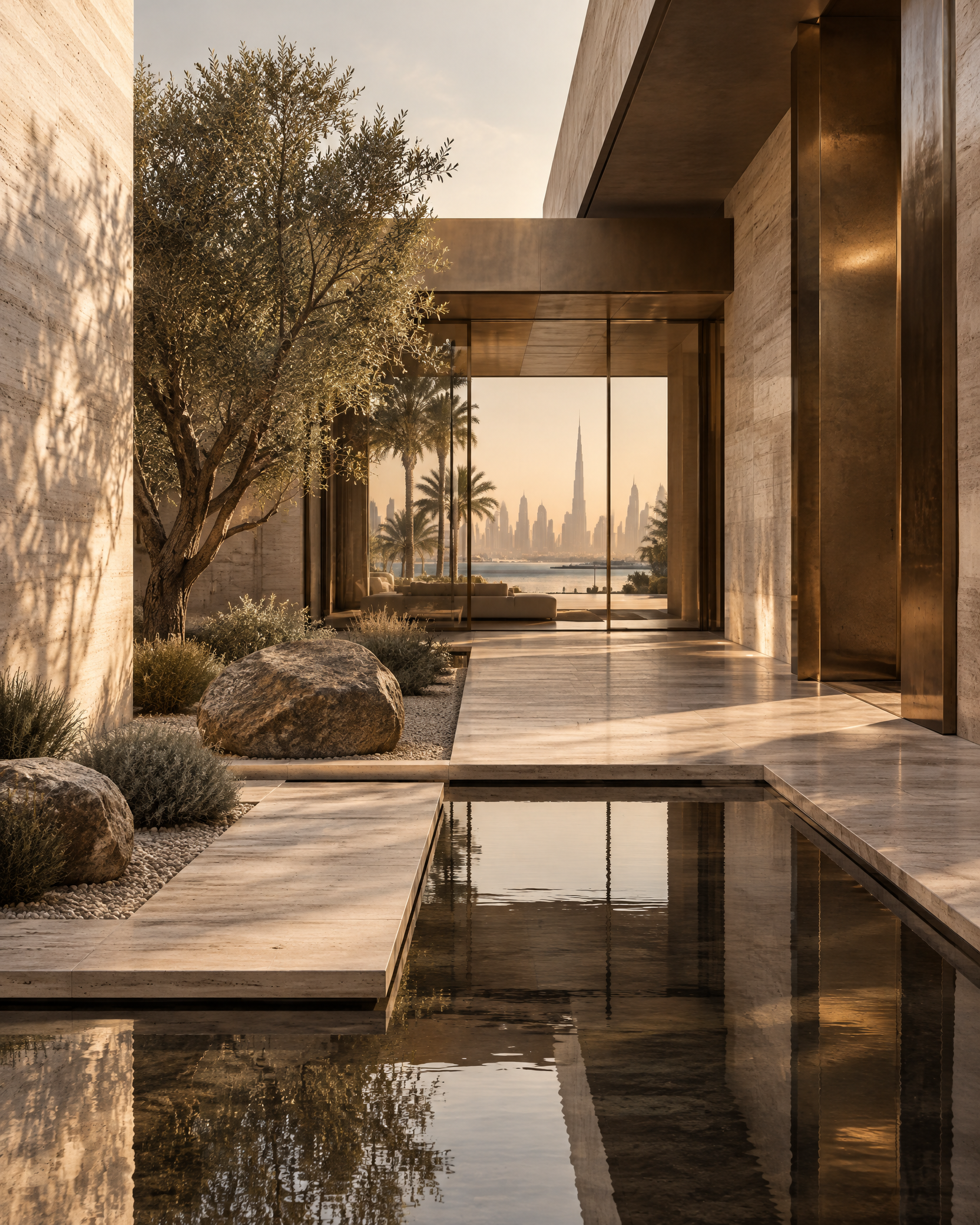 Architectural courtyard in sculptural stone